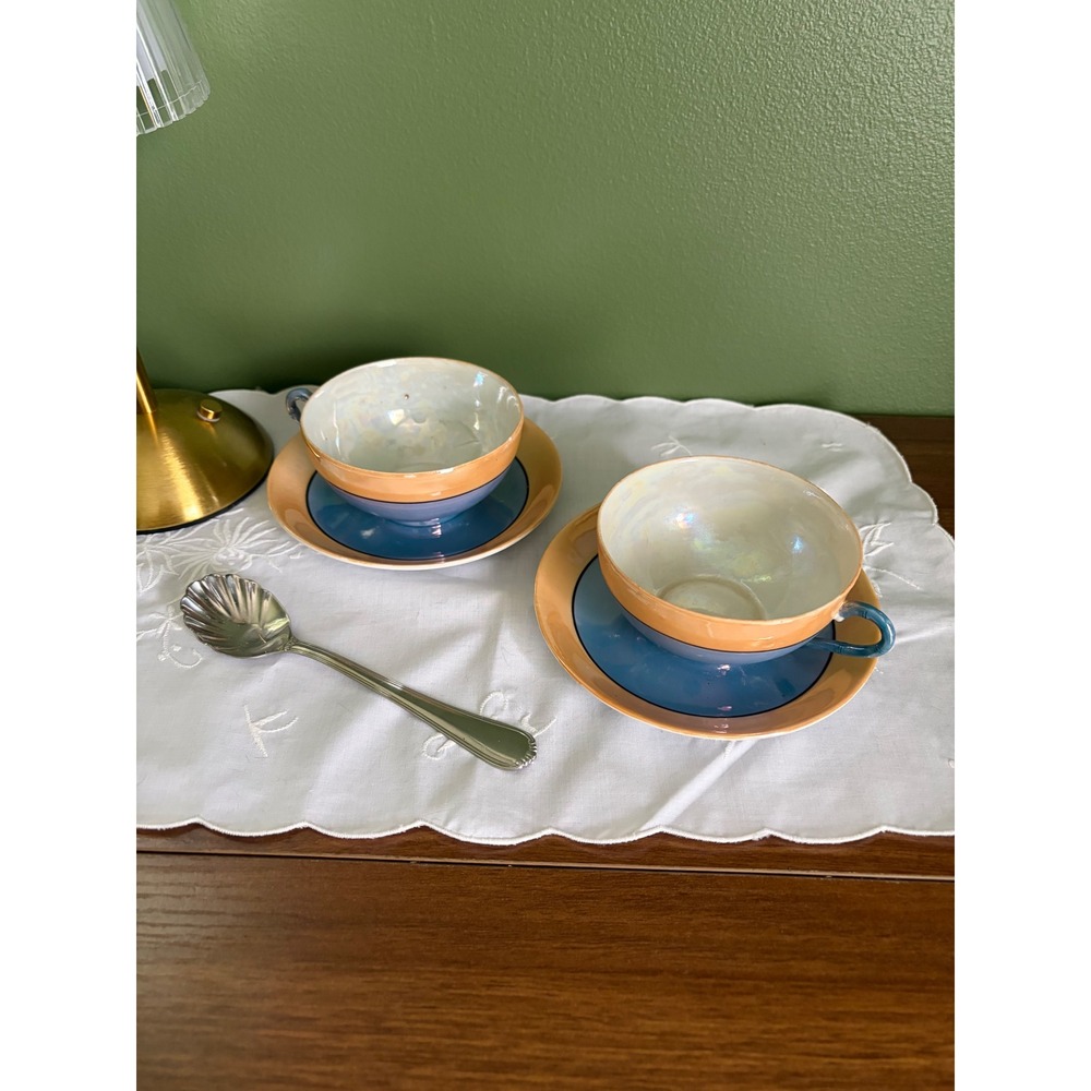 Vintage Japanese Lustreware Teacups, Iridescent Blue & Orange, Set of 2
